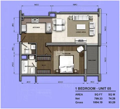 Plattegrond van 1 slaapkamer in Orion Building
