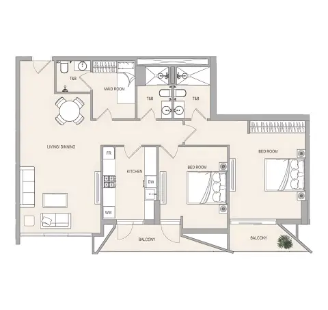 Plattegrond van 2 slaapkamers in Evergr1n House 4