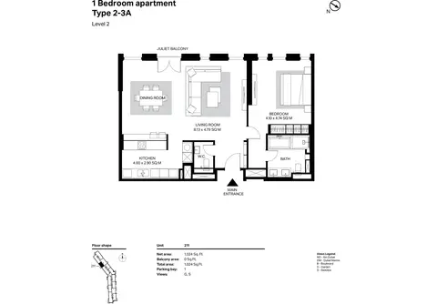 Plattegrond van 1 slaapkamer in Bluewaters Residences