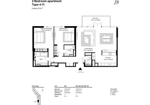 Plattegrond van 2 slaapkamers in Bluewaters Residences