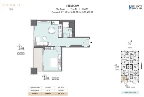 Plattegrond van 1 slaapkamer in Peninsula Two