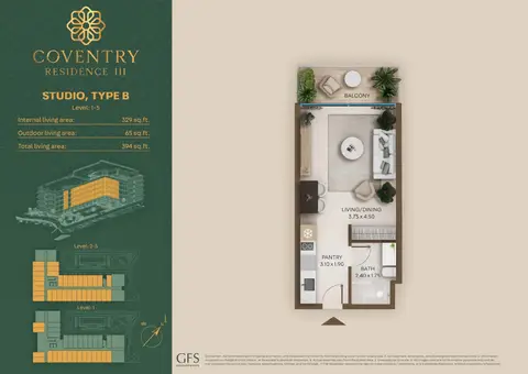 Plattegrond van Studio in Coventry Residence 3