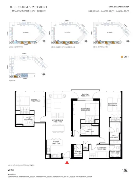 Plattegrond van 3 slaapkamers in The Crest Tower D