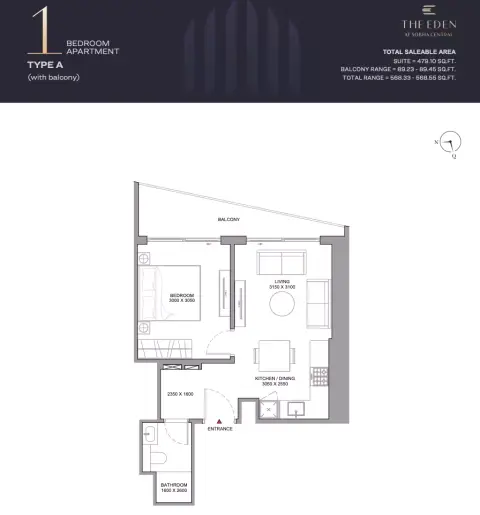 Plattegrond van 1 slaapkamer in Sobha Central