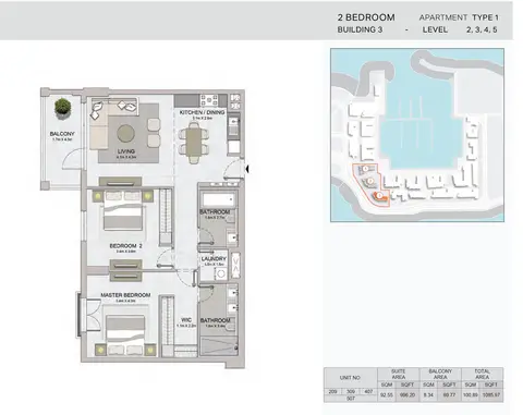 Plattegrond van 2 slaapkamers in La Voile