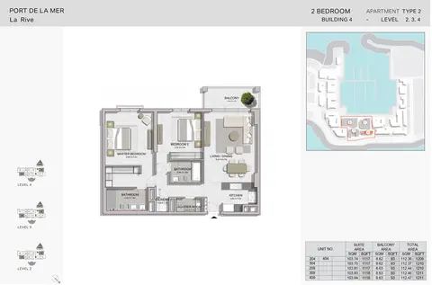 Plattegrond van 2 slaapkamers in La Rive Building 4