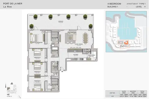 Plattegrond van 4 slaapkamers in La Rive Apartments