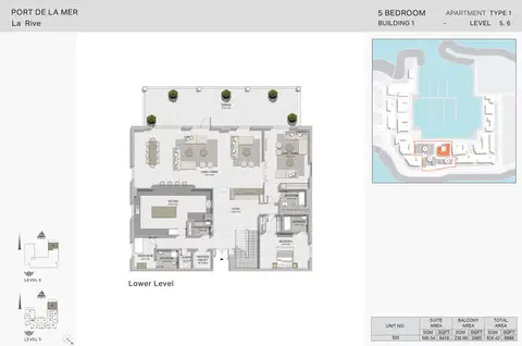 Plattegrond van 5 slaapkamers in La Rive Apartments
