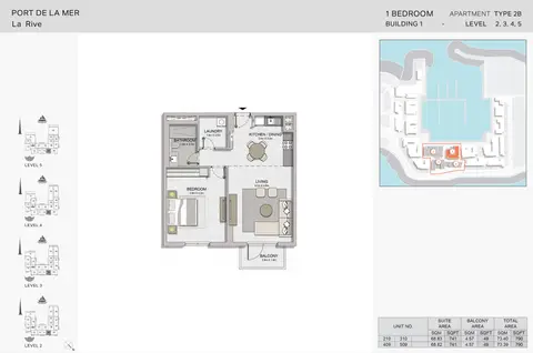 Plattegrond van 1 slaapkamer in La Rive Apartments