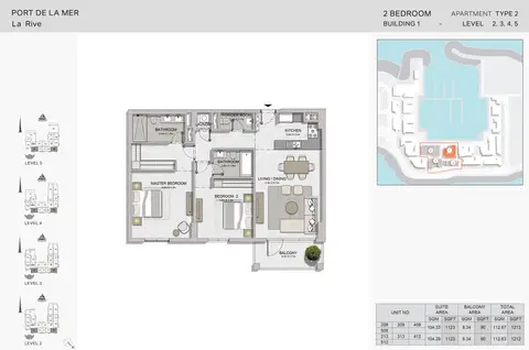 Plattegrond van 2 slaapkamers in La Rive Apartments