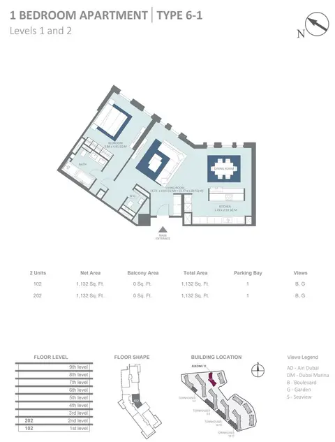 Plattegrond van 1 slaapkamer in Bluewaters Residences