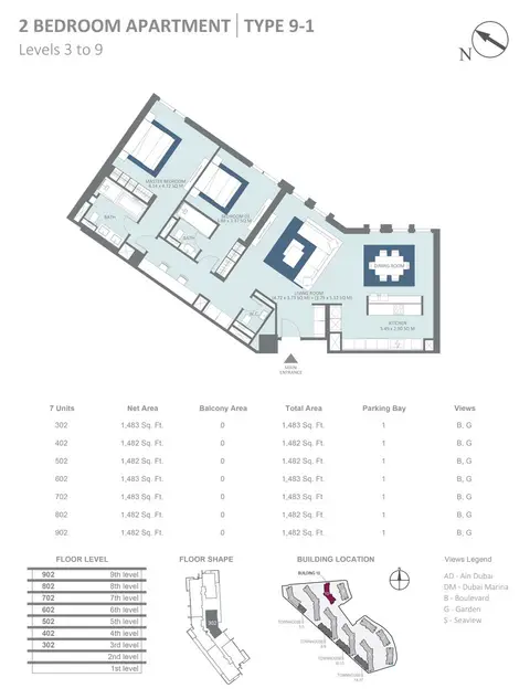 Plattegrond van 2 slaapkamers in Bluewaters Residences