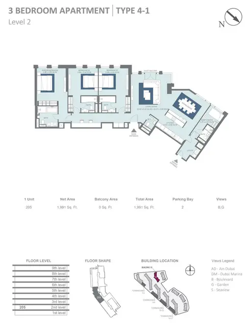 Plattegrond van 3 slaapkamers in Bluewaters Residences