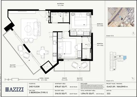 Plattegrond van 2 slaapkamers in Azizi Gabriel Jebel Ali