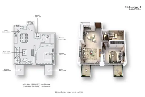 Plattegrond van 1 slaapkamer in Fawad Azizi Residence