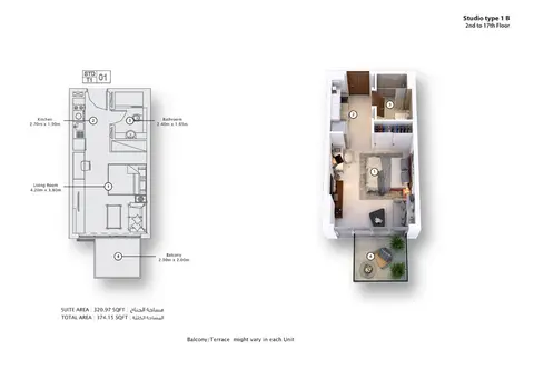 Plattegrond van Studio in Fawad Azizi Residence