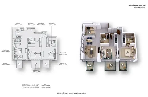 Plattegrond van 2 slaapkamers in Fawad Azizi Residence