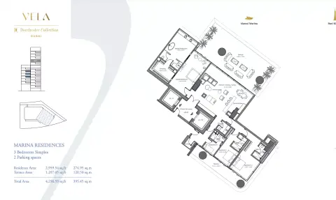 Plattegrond van 3 slaapkamers in Vela Dorchester Collection
