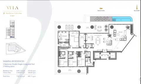 Plattegrond van 4 slaapkamers in Vela Dorchester Collection