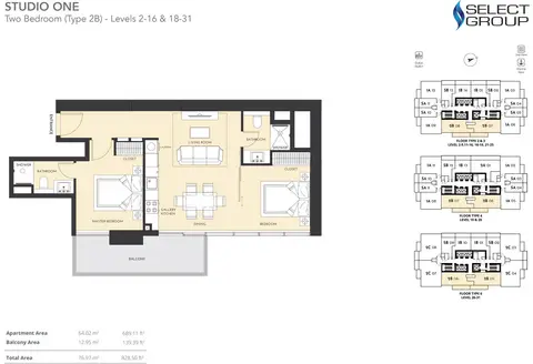 Plattegrond van 2 slaapkamers in Studio One