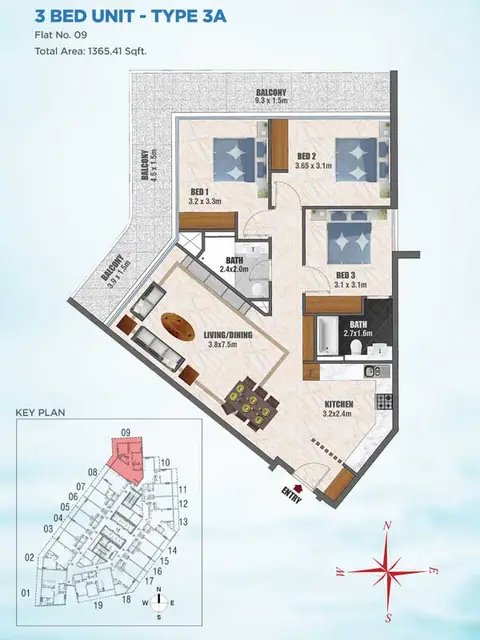 Plattegrond van 3 slaapkamers in Bayz Apartments