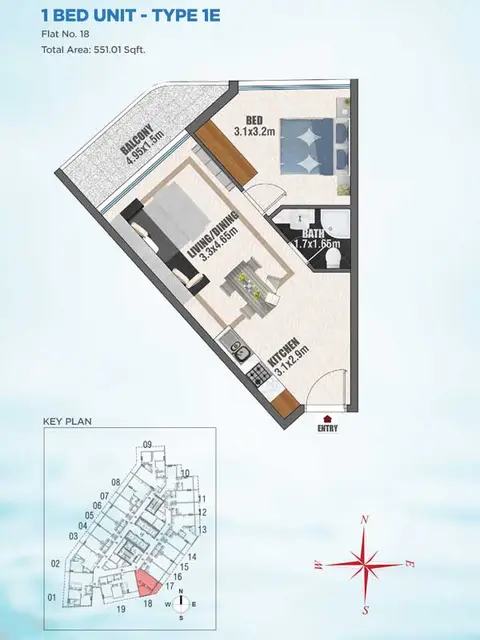 Plattegrond van 1 slaapkamer in Bayz Apartments