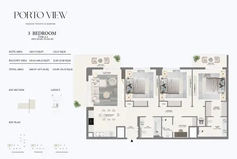 Plattegrond van 3 slaapkamers in Emaar Porto View Mina Rashid