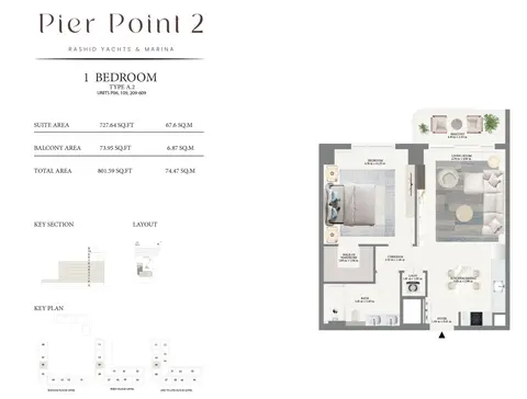 Plattegrond van 1 slaapkamer in Emaar Pier Point 2 Mina Rashid