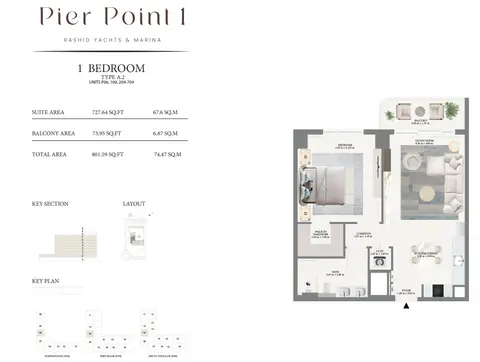 Plattegrond van 1 slaapkamer in Emaar Pier Point Mina Rashid