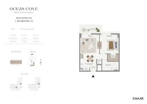 Plattegrond van 1 slaapkamer in Emaar Ocean Cove Mina Rashid