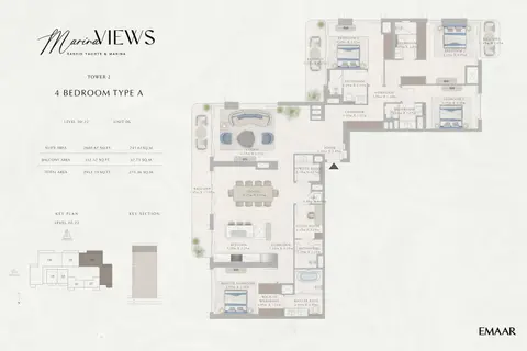 Plattegrond van 4 slaapkamers in Emaar Marina Views Mina Rashid