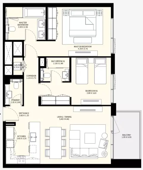 Plattegrond van 2 slaapkamers in Naya Phase 3 By Nakheel