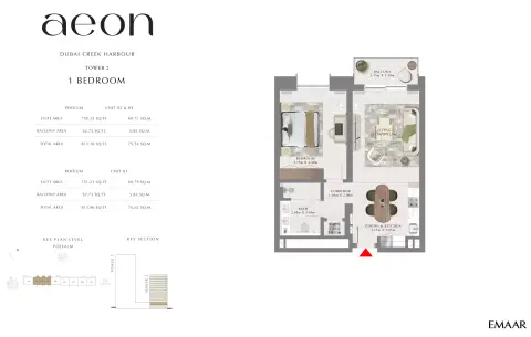 Plattegrond van 1 slaapkamer in Aeon