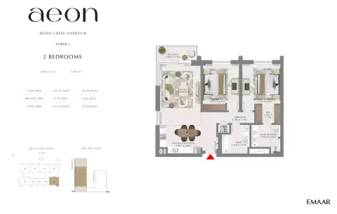 Plattegrond van 2 slaapkamers in Aeon