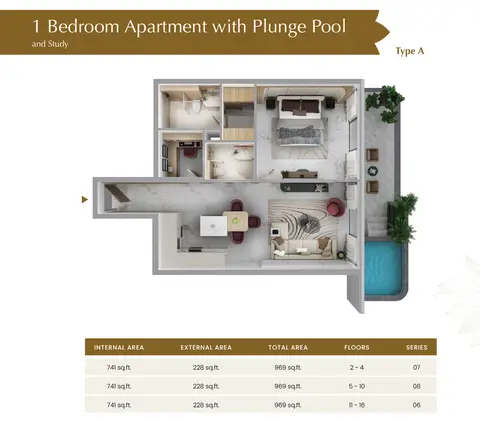 Plattegrond van 1 slaapkamer in Blossom 76 at JVC