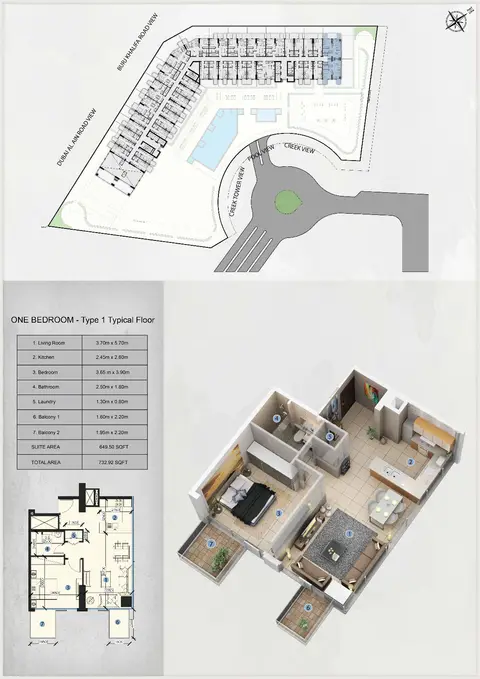 Plattegrond van 1 slaapkamer in Farhad Residence