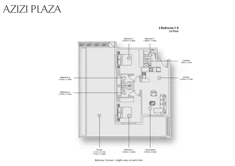 Plattegrond van 2 slaapkamers in Azizi Plaza