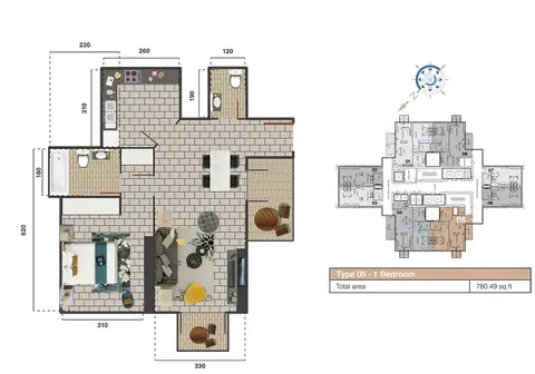 Plattegrond van 1 slaapkamer in The Square Tower