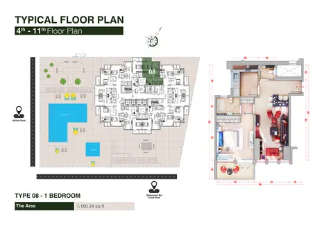 Plattegrond van 1 slaapkamer in Regina Tower