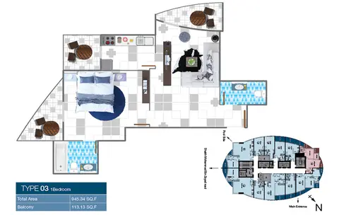 Plattegrond van 1 slaapkamer in O2 Tower