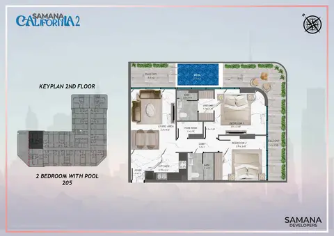 Plattegrond van 2 slaapkamers in Samana California 2