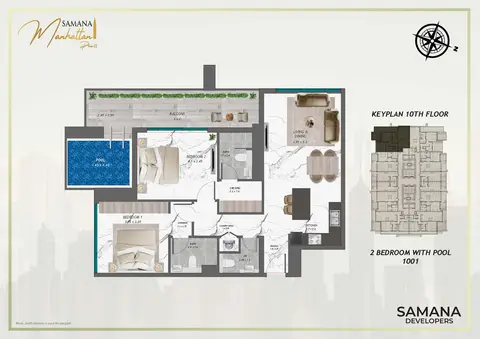 Plattegrond van 2 slaapkamers in Samana Manhattan 2