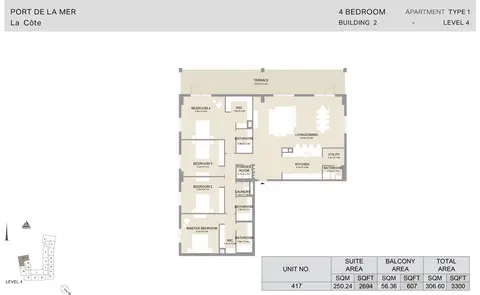 Plattegrond van 4 slaapkamers in La Cote Apartments