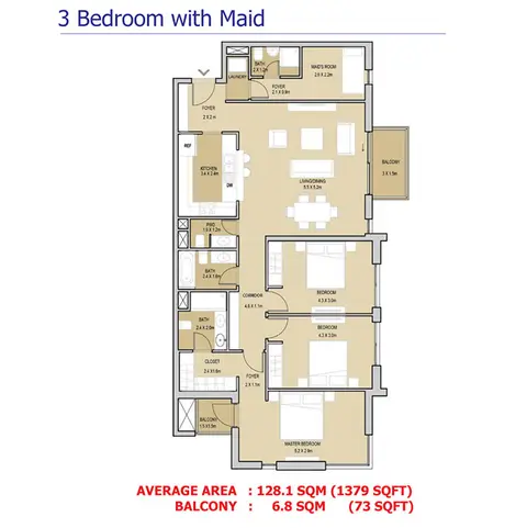 Plattegrond van 3 slaapkamers in Mudon Views Apartments