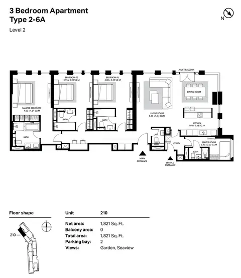 Plattegrond van 3 slaapkamers in Bluewaters Residences