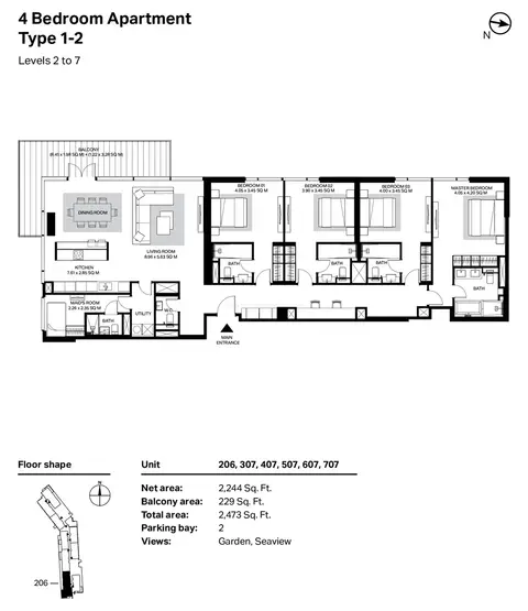 Plattegrond van 4 slaapkamers in Bluewaters Residences