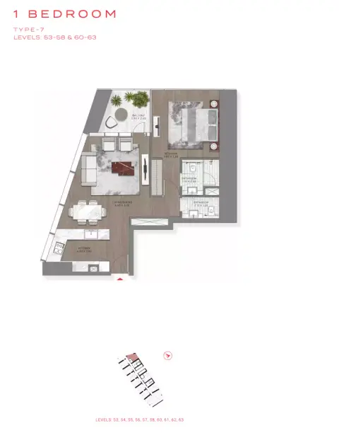 Plattegrond van 1 slaapkamer in Safa Two