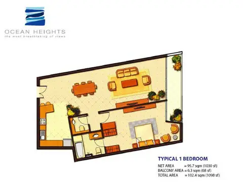 Plattegrond van 1 slaapkamer in Ocean Heights