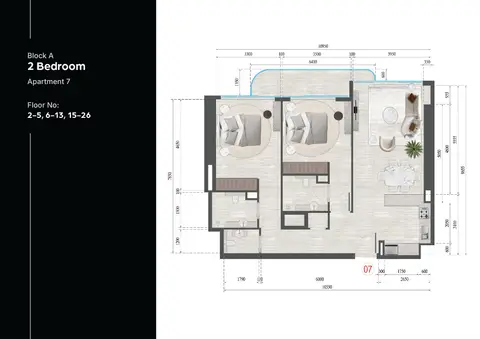 Plattegrond van 2 slaapkamers in Guzel Towers at JVT