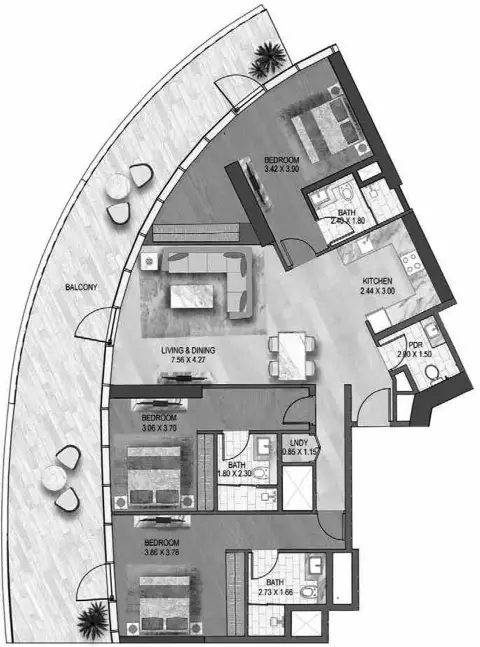 Plattegrond van 3 slaapkamers in Altitude